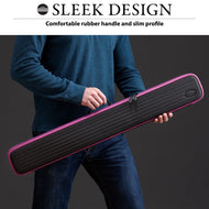 A person in a blue sweater holds a black cue case with a bright pink trim and zipper