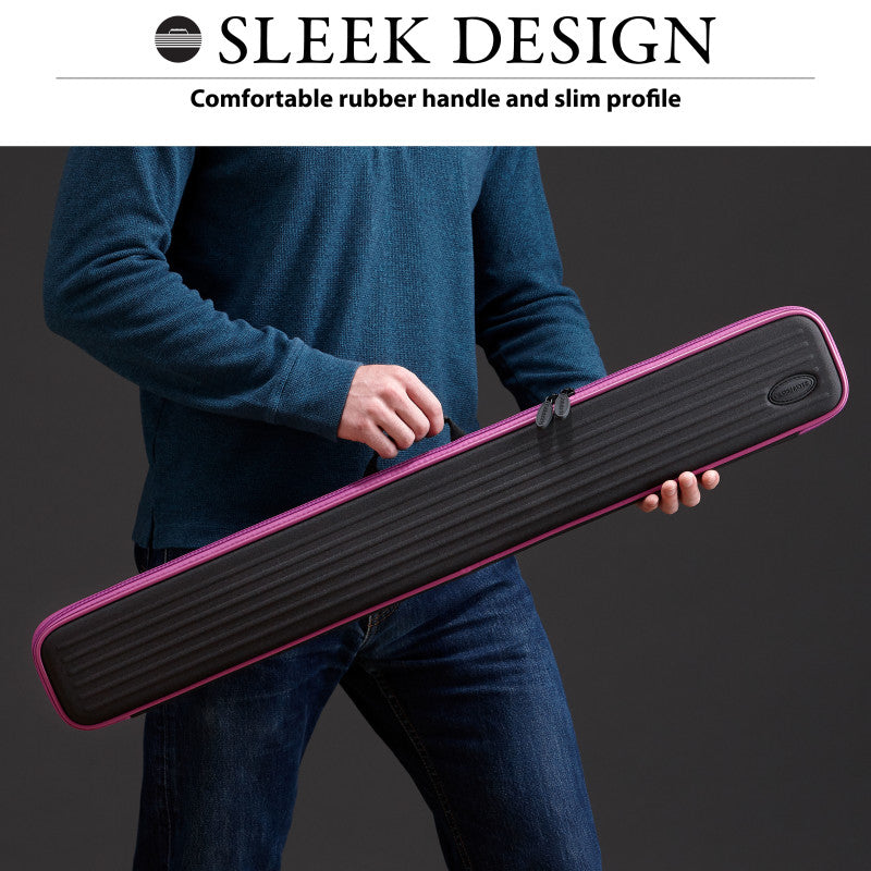 A person in a blue sweater holds a black cue case with a bright pink trim and zipper