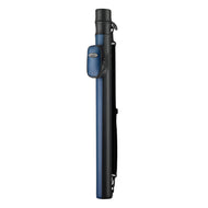 Black and blue cylindrical cue case with shoulder strap and small blue accessory pouch attached