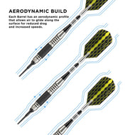 Three darts with black barrels and yellow diamond-patterned flights with airflow diagram