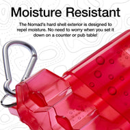 Red hard-shell dart case with metal carabiner clip and water droplets beading on textured surface