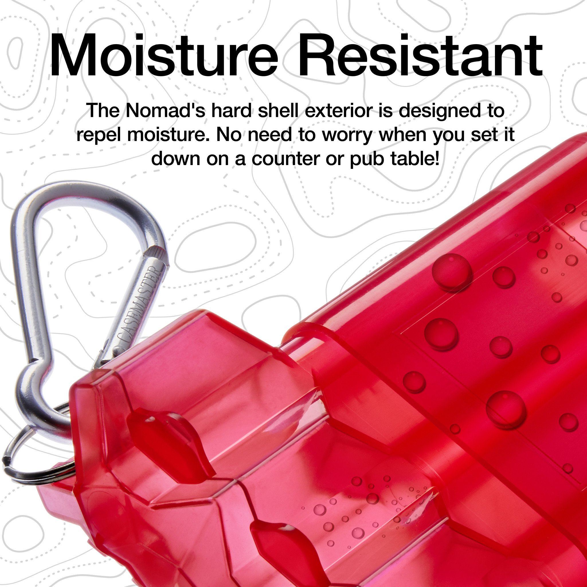 Red hard-shell dart case with metal carabiner clip and water droplets beading on textured surface
