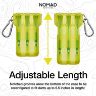 Neon yellow dart case with metal carabiners shown in two length configurations with adjustment arrows