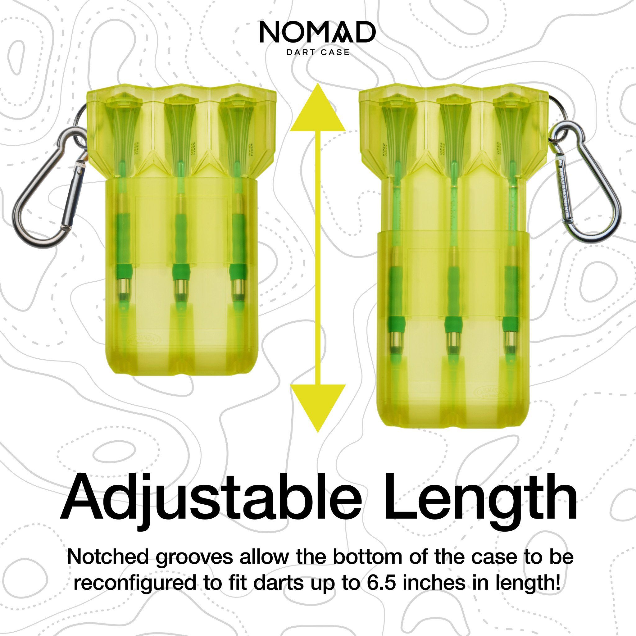 Neon yellow dart case with metal carabiners shown in two length configurations with adjustment arrows