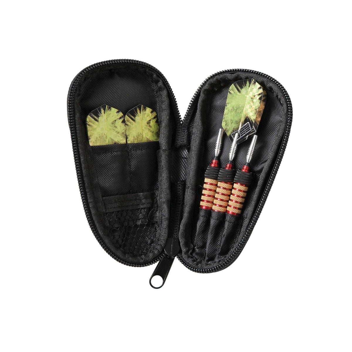 Black zippered dart case with yellow feathered darts and red-banded barrels inside