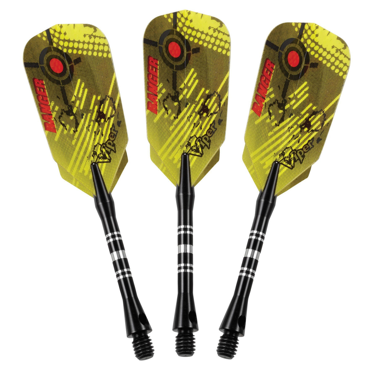 Three Viper Ranger dart assemblies with black barrels and wide yellow Ranger-print flights