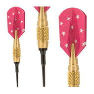 Three darts with pink star-patterned flights and gold barrels with black stems