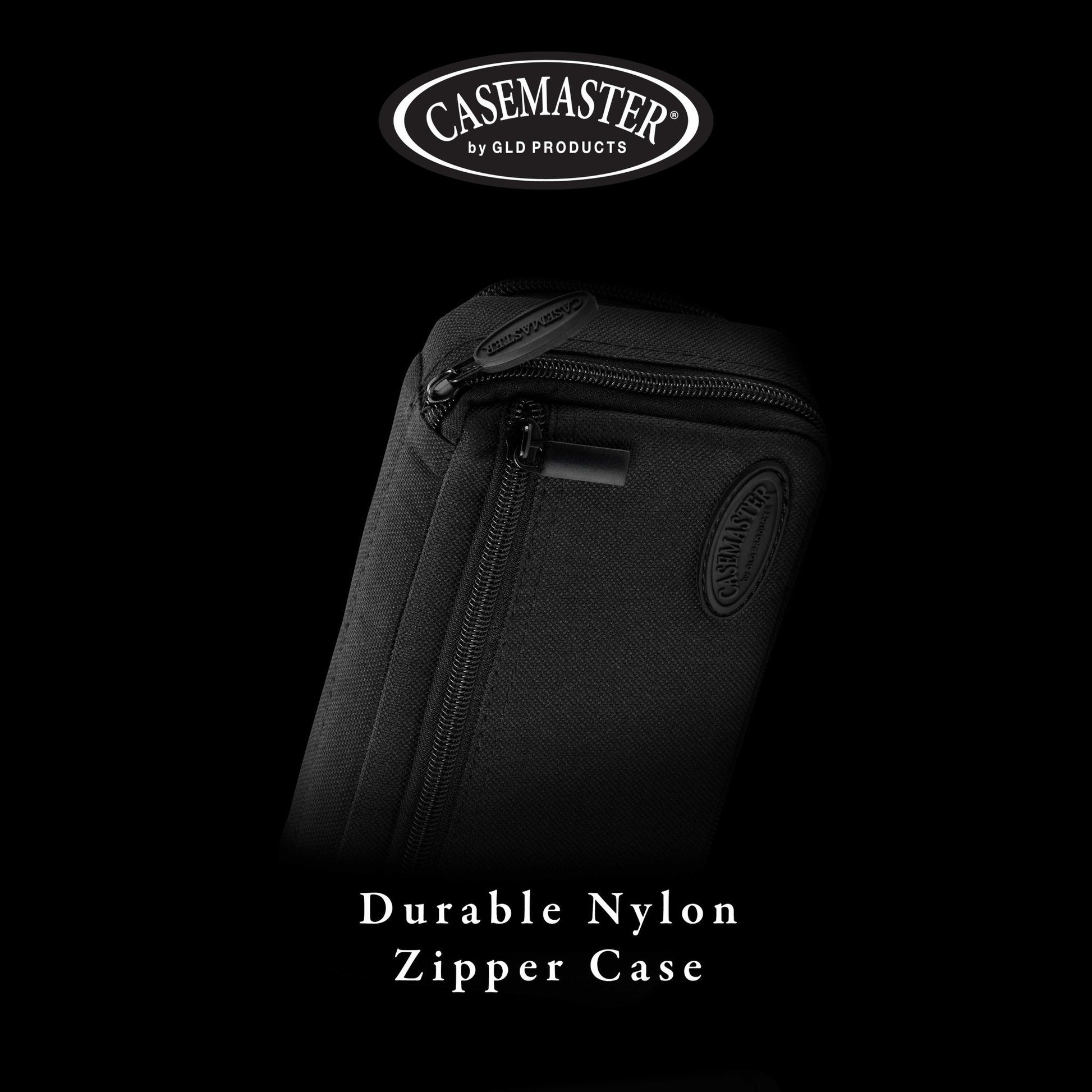 Black nylon dart case with front zipper, metal pulls, and embossed brand oval logo on side