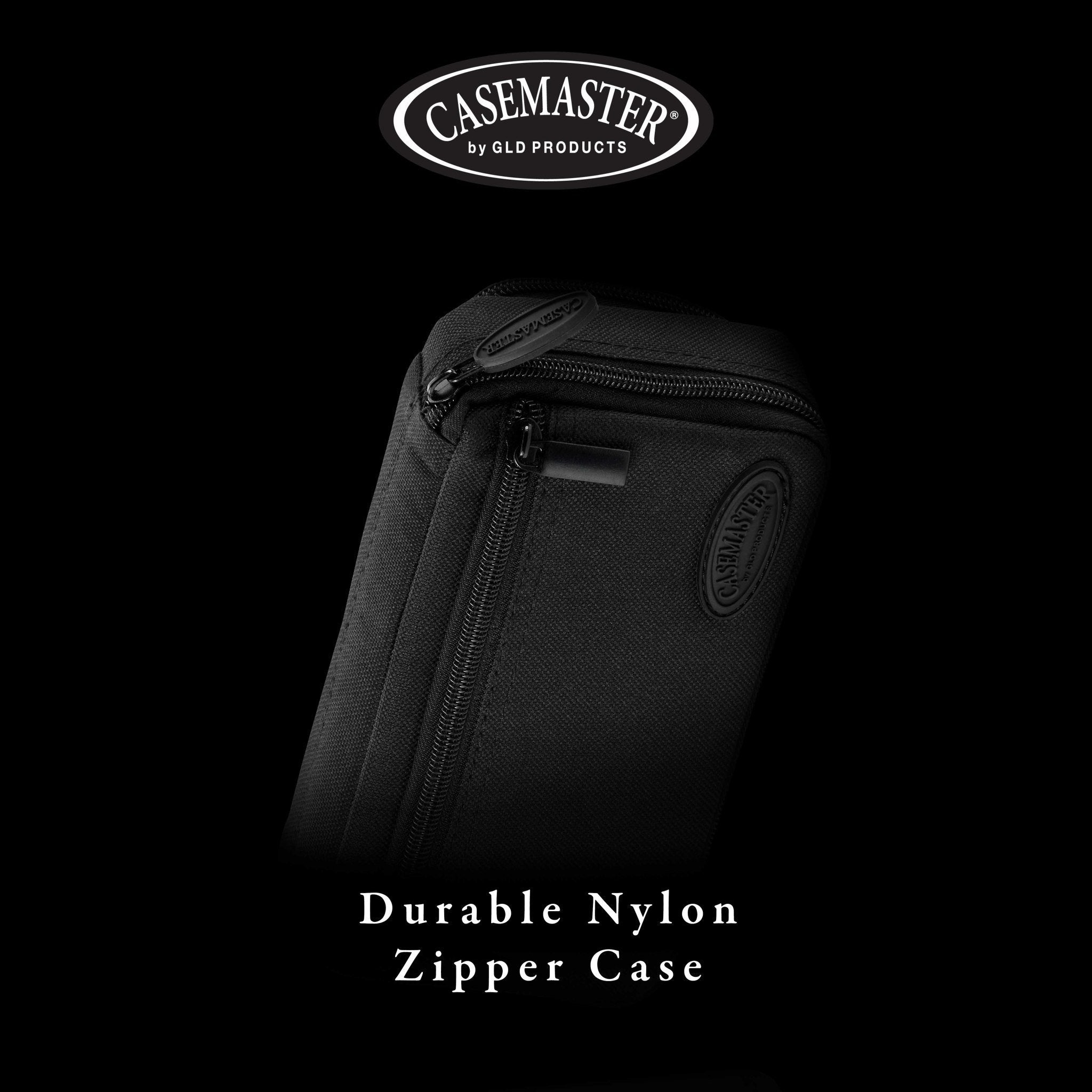 Black nylon dart case with front zipper, metal pulls, and embossed brand oval logo on side