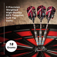 Three red and black skull-patterned soft-tip darts with silver barrels in a dartboard, 18 grams