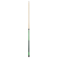 Billiards cue stick with tan wooden shaft, black ferrule, green wrapped grip section, and black butt end