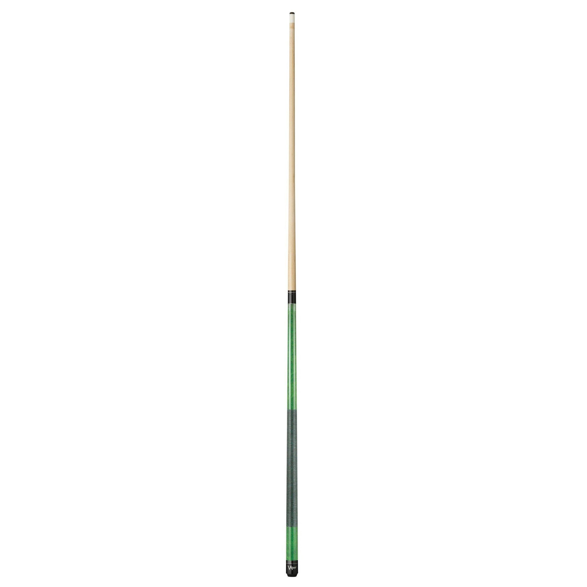 Billiards cue stick with tan wooden shaft, black ferrule, green wrapped grip section, and black butt end