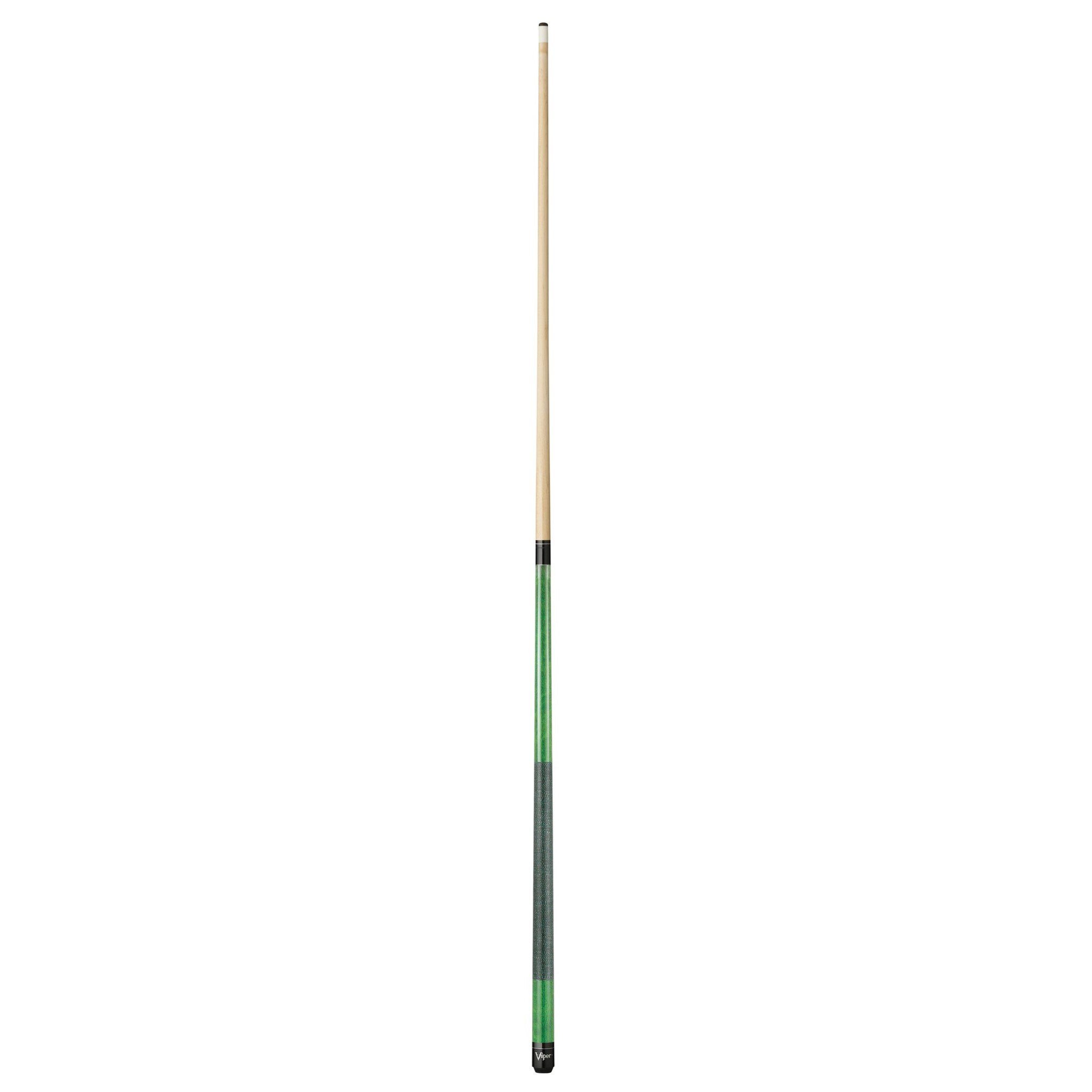 Billiards cue stick with tan wooden shaft, black ferrule, green wrapped grip section, and black butt end