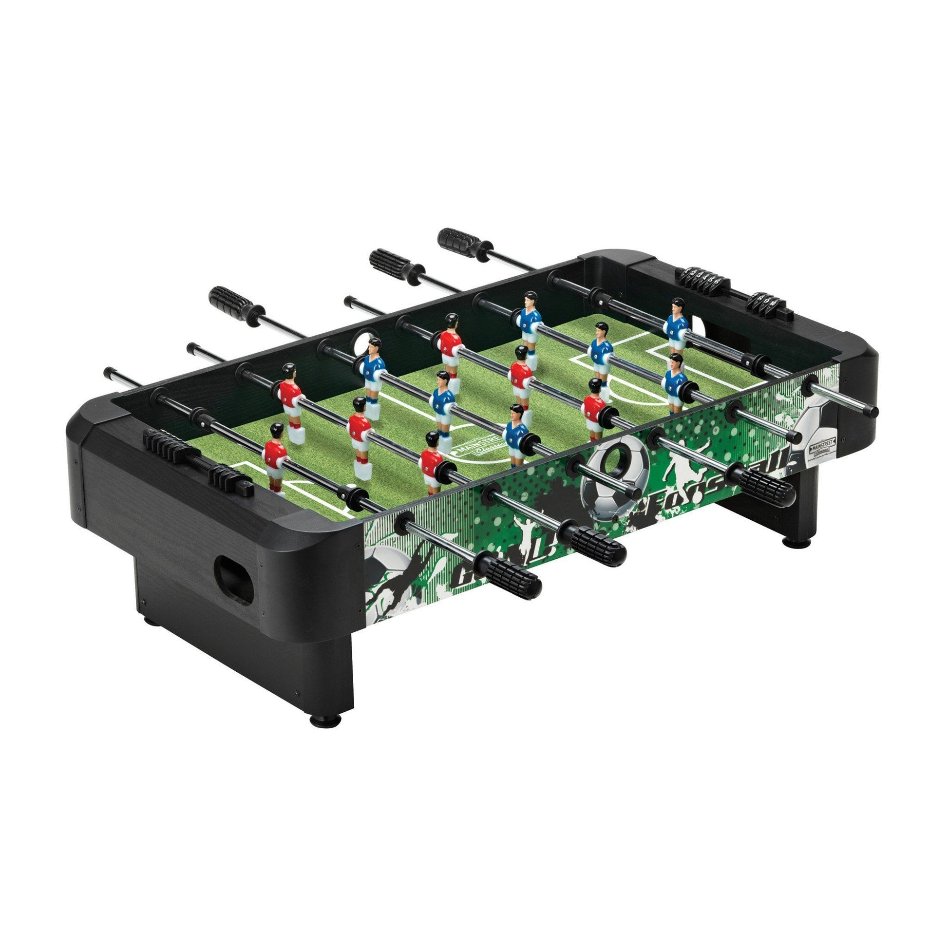Foosball table with black frame, green field, and player figures on eight rods