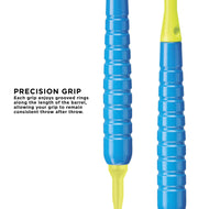 Two dart barrels with grooved rings, one blue with yellow flight and tip, one solid blue with yellow tip
