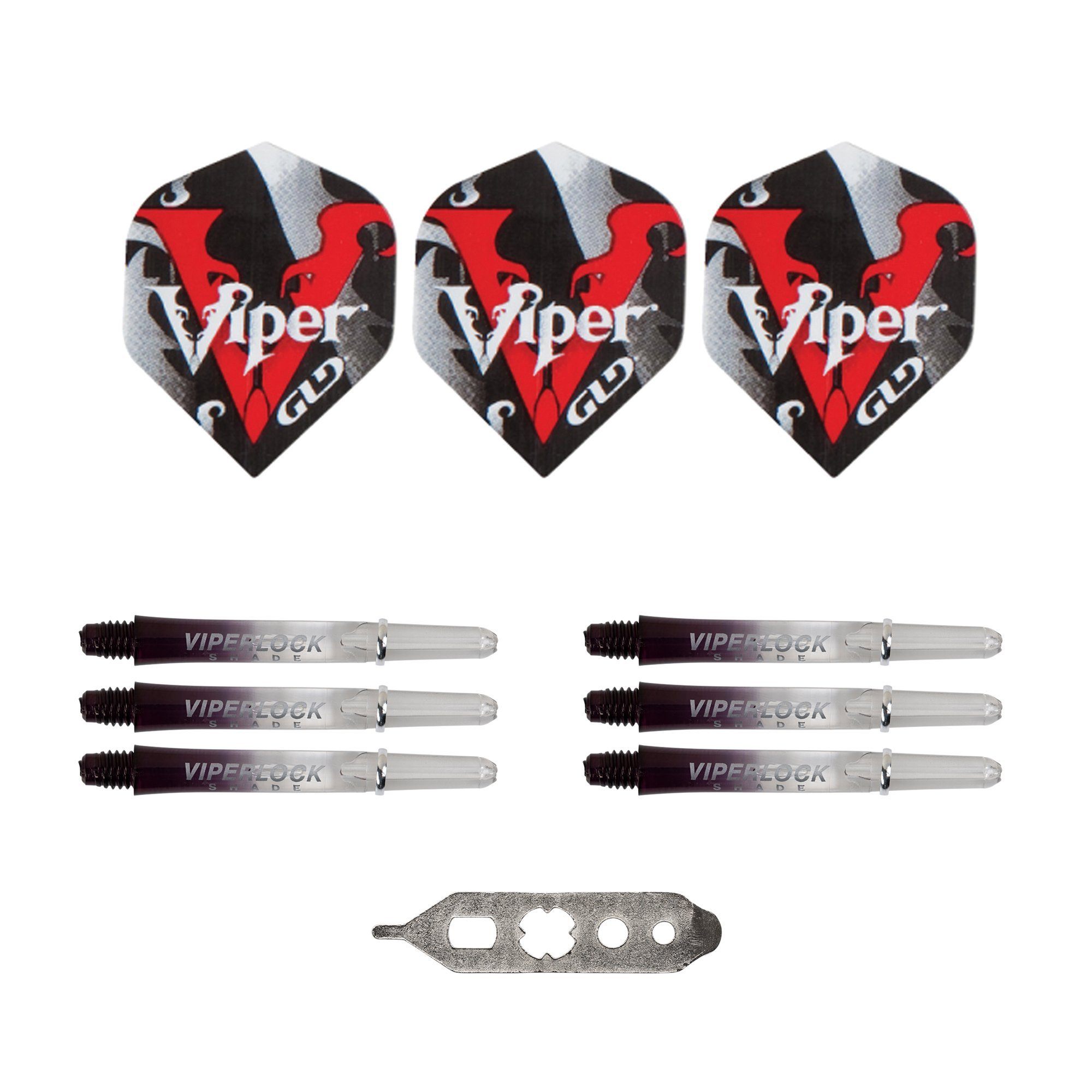 Three Viper dart flights, six shafts, and one metal bracket tool