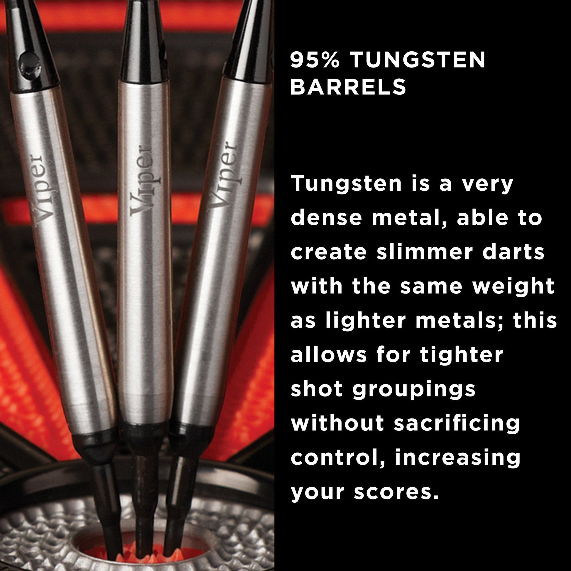 Three silver darts with black tips and "Viper" text on barrels, displayed upright against red background