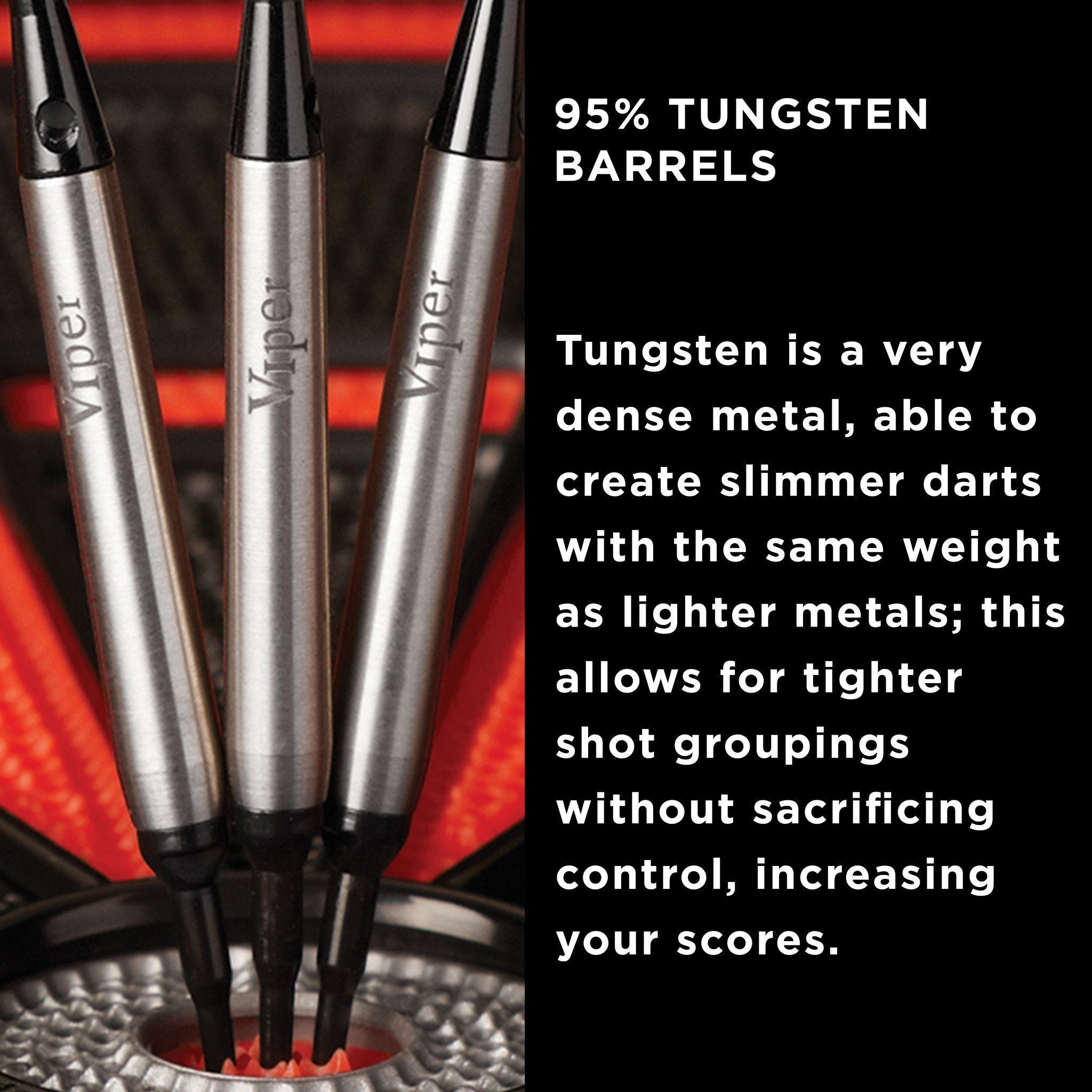 Three silver darts with black tips and "Viper" text on barrels, displayed upright against red background