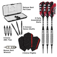 Infographic of dart set contents including case, three assembled darts, shafts, tips, flights, and wrench