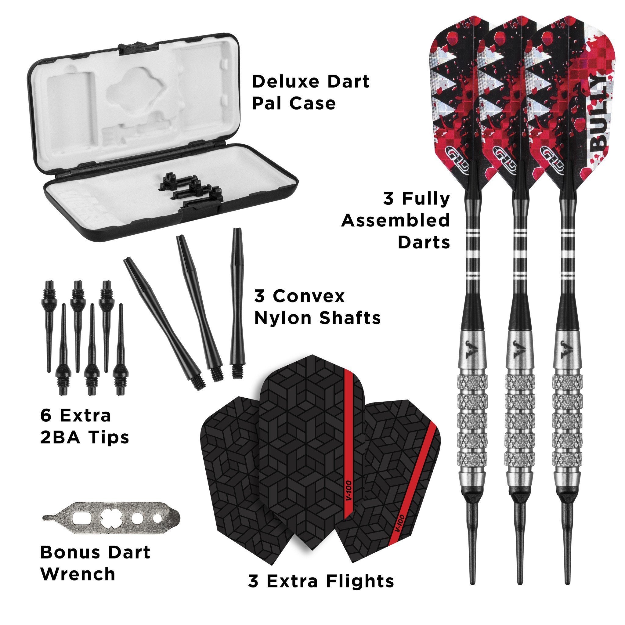 Infographic of dart set contents including case, three assembled darts, shafts, tips, flights, and wrench