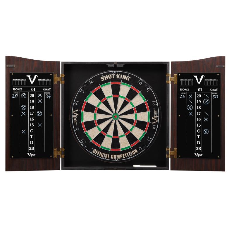 Viper Vault Cabinet with Shot King Sisal Dartboard, Shadow Buster Dartboard Lights, Steel Tip Dart Accessories Kit & "The Bull Starts Here" Throw Line Marker Darts Viper 