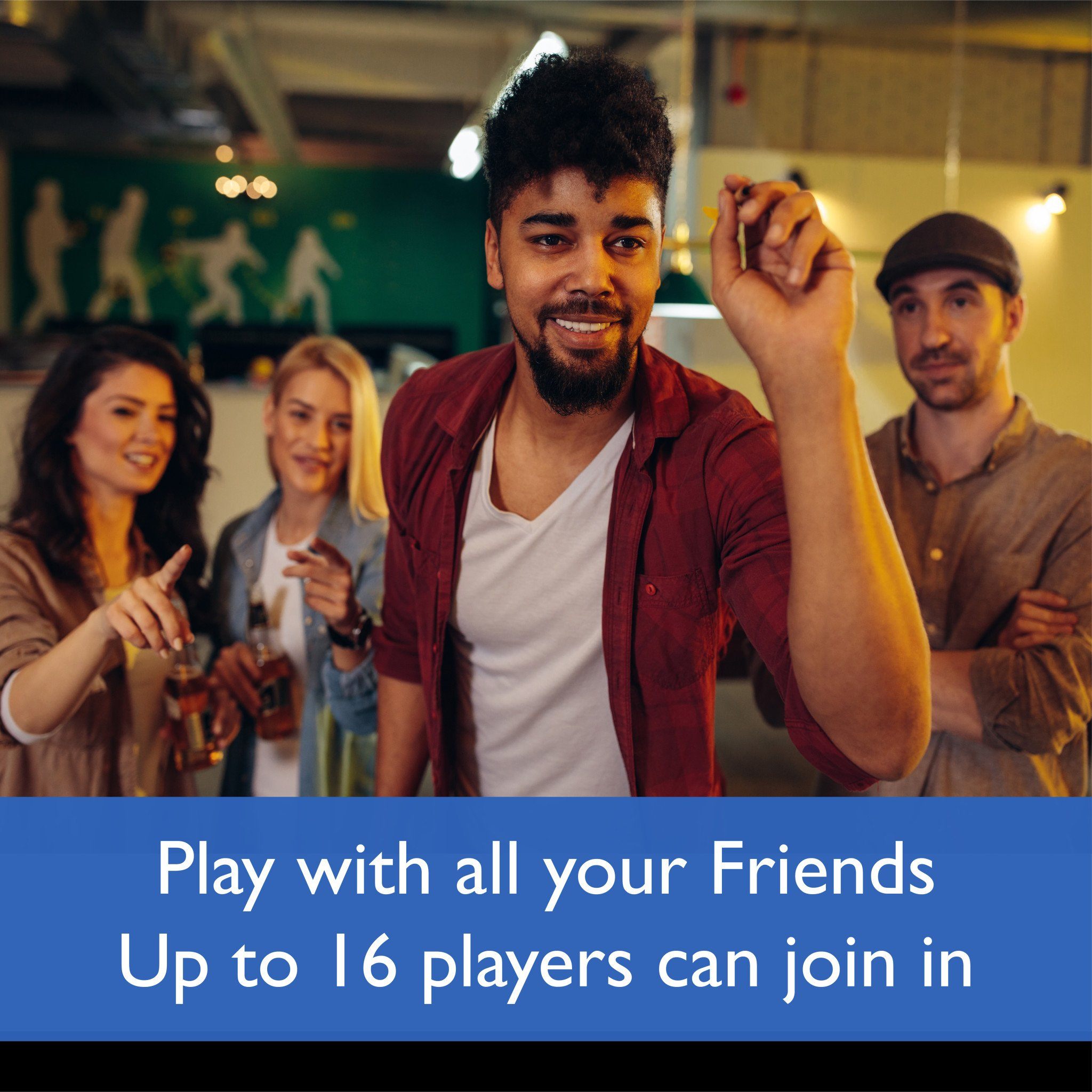Four people in a game room with a dartboard visible behind them