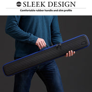 A person holding a black cue case with blue trim and ribbed rubber surface