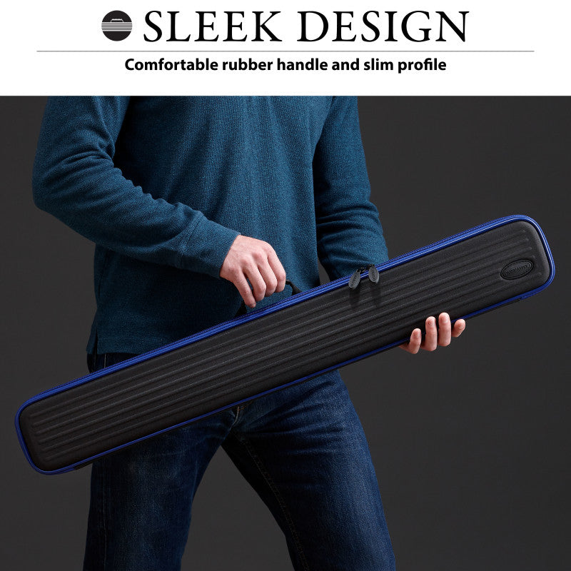 A person holding a black cue case with blue trim and ribbed rubber surface