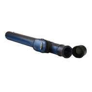 Blue and black cue case with zipper pocket and two detachable black end caps