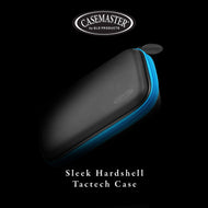 Black hardshell dart case with blue mesh zipper strip and gray Casemaster logo on front