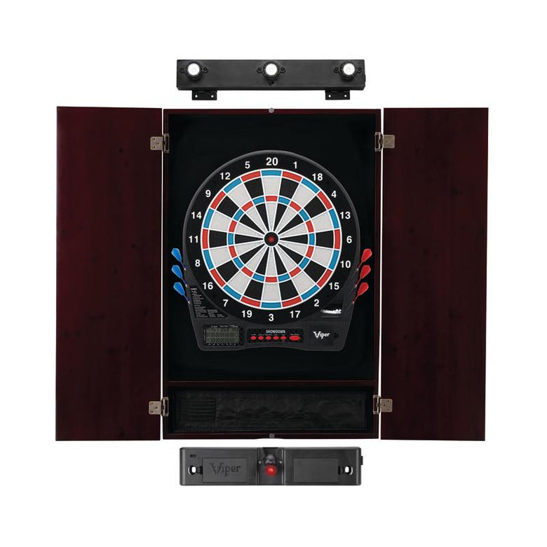 Viper Showdown Electronic Dartboard, Metropolitan Mahogany Cabinet, Laser Throw Line Marker & Shadow Buster Dartboard Lights Darts Viper 