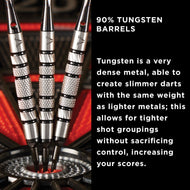 Three silver darts with knurled barrels in a dartboard with red lighting