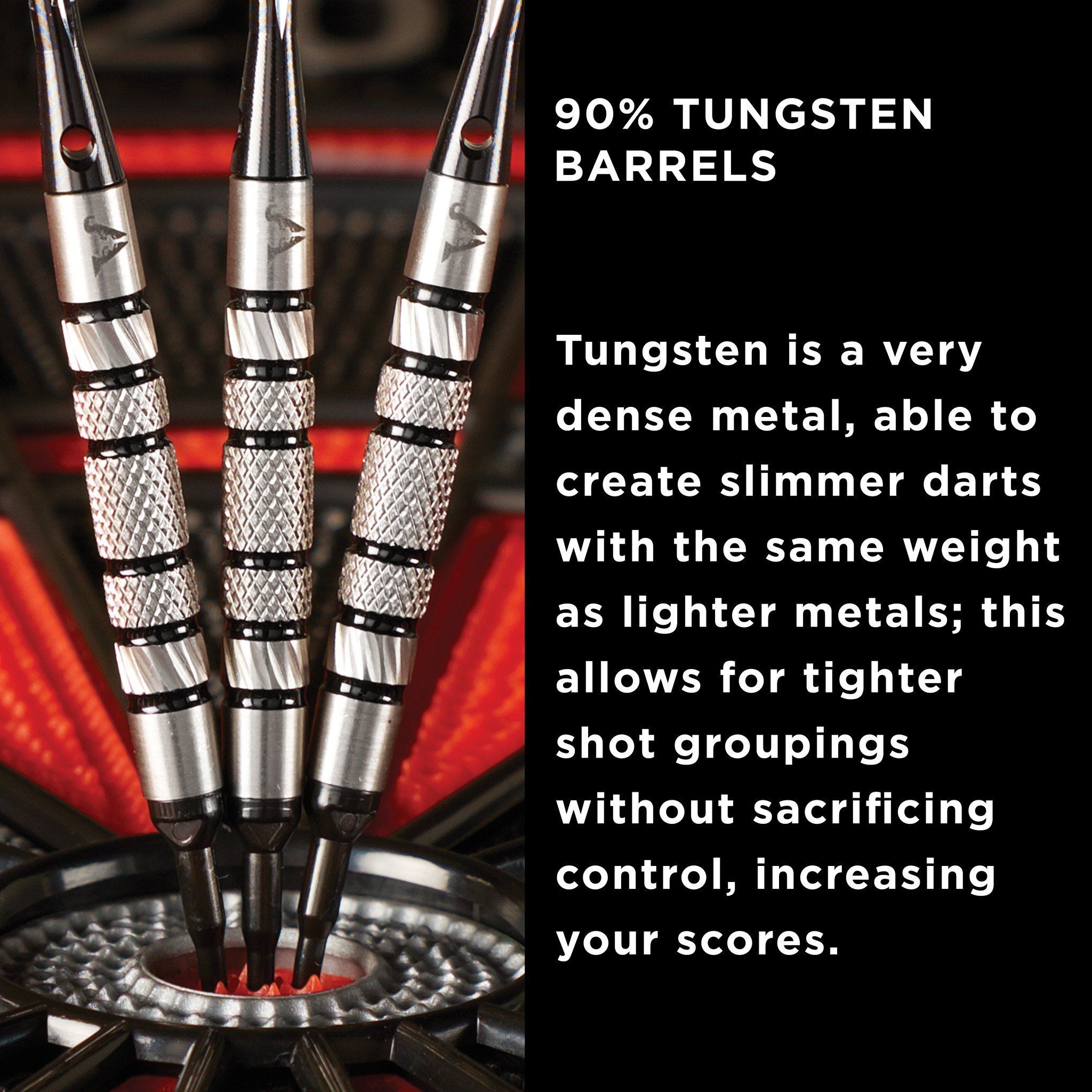 Three silver darts with knurled barrels in a dartboard with red lighting