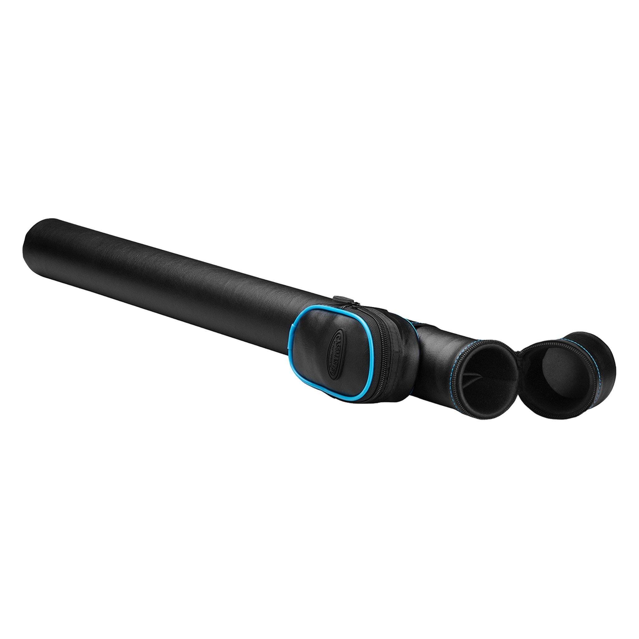 Black cylindrical dart case with blue-trimmed zippered storage pod and two small end caps
