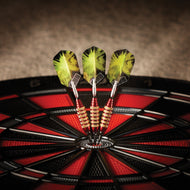 Three darts with yellow flights and red barrels stuck in dartboard bullseye