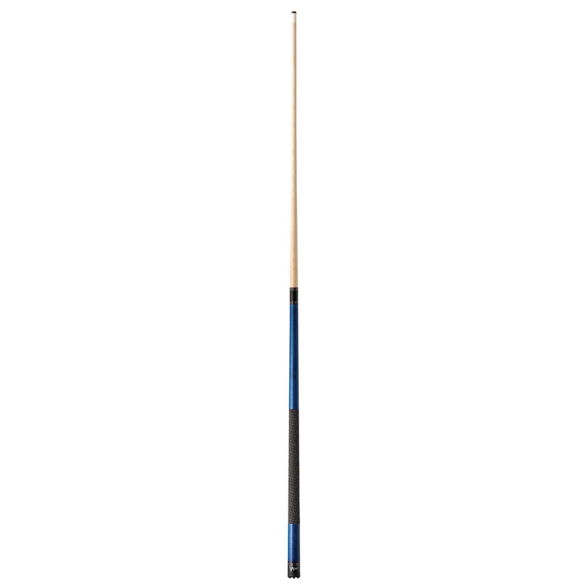 Billiards cue stick with light wood shaft, blue wrap, black textured grip, and metal ferrule at the tip