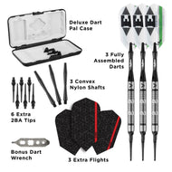 Open dart case with assembled darts, shafts, tips, flights, and wrench displayed