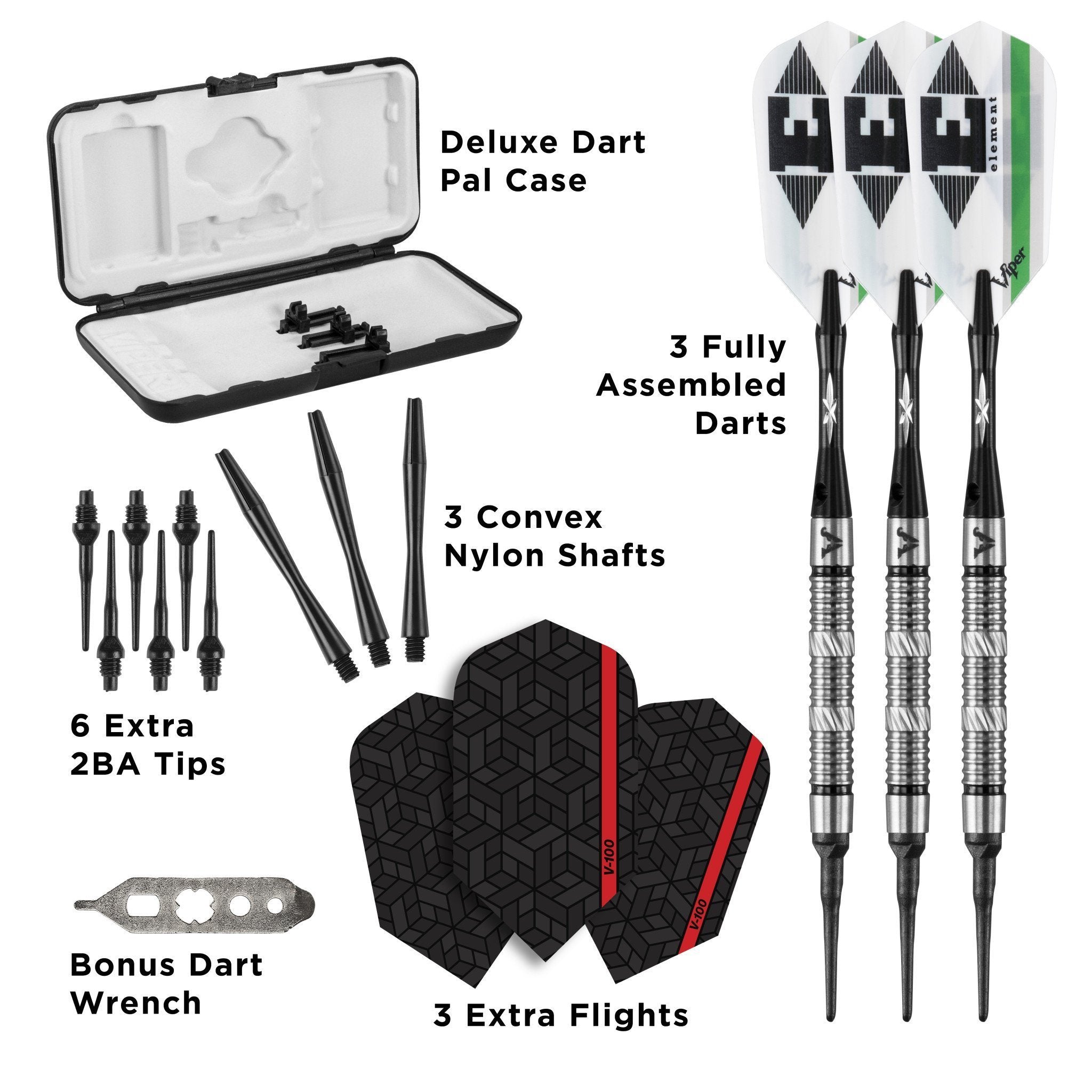 Open dart case with assembled darts, shafts, tips, flights, and wrench displayed