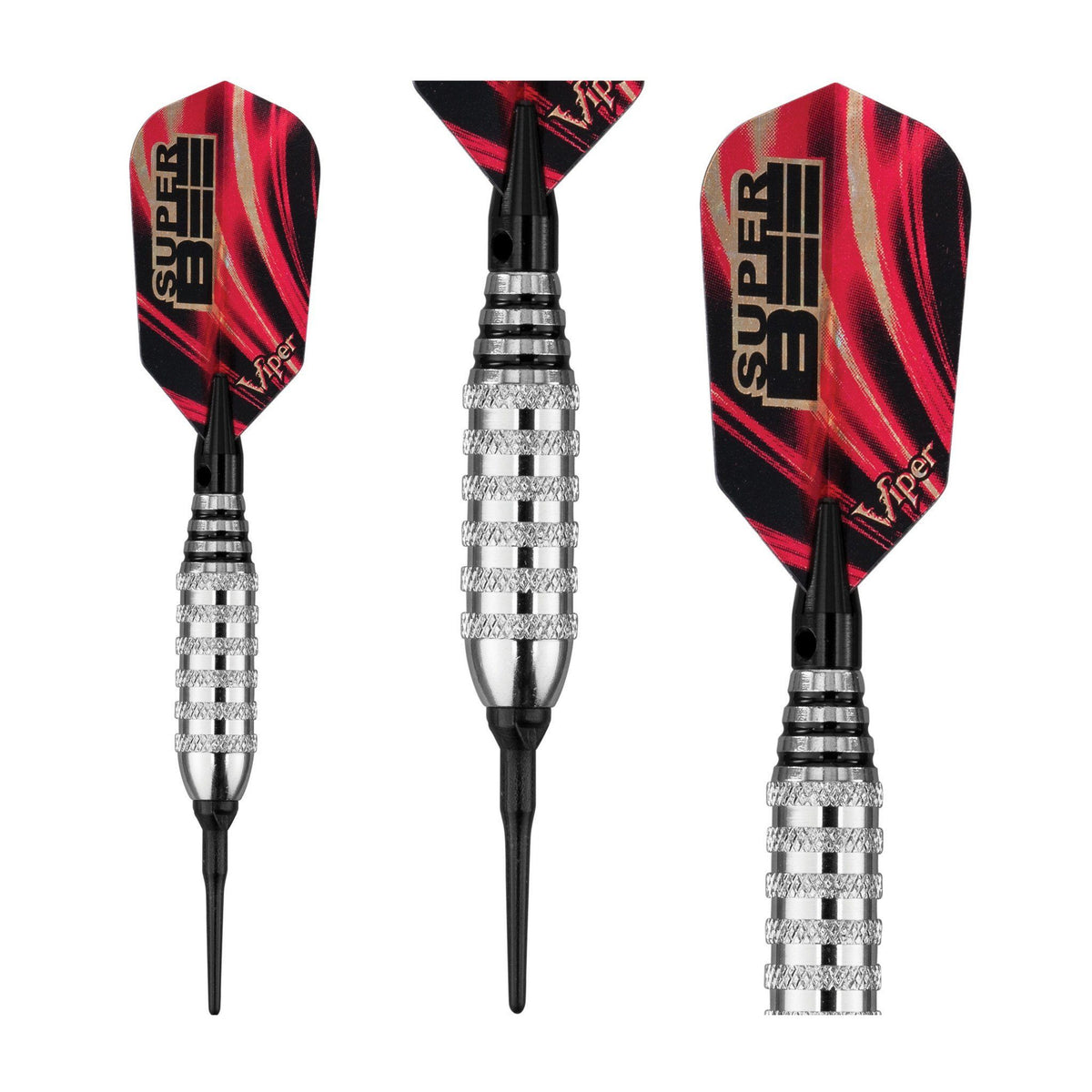 Three darts with red and black flights, silver barrels, black points