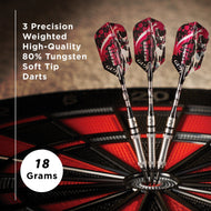 Three red and black skull-patterned darts in a dartboard