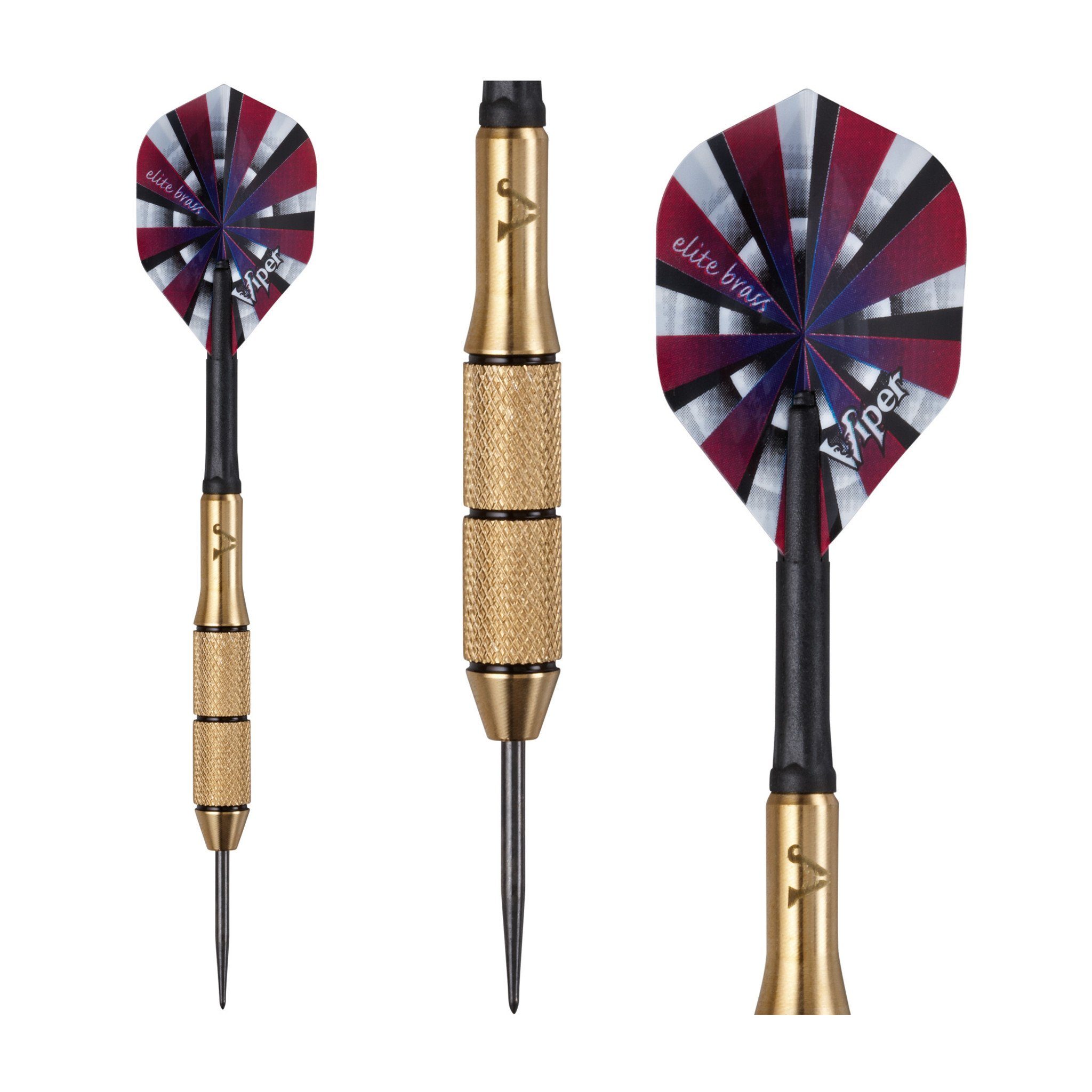 Three darts with burgundy, black, and white striped flights, brass and black barrels, and steel tips