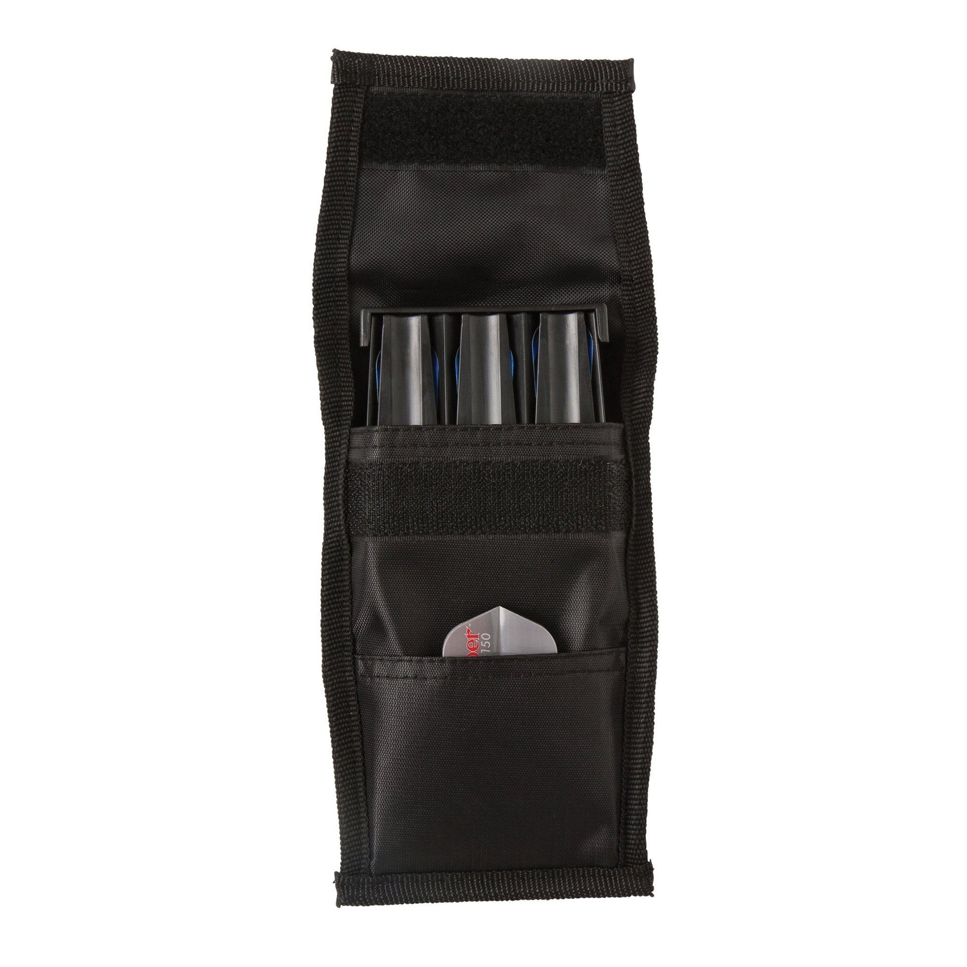 Black nylon dart case with metal dart flights and pockets