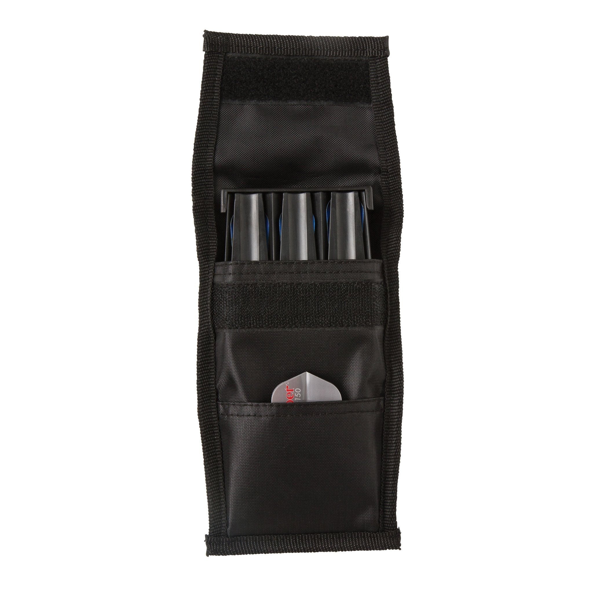 Black nylon dart case with metal dart flights and pockets
