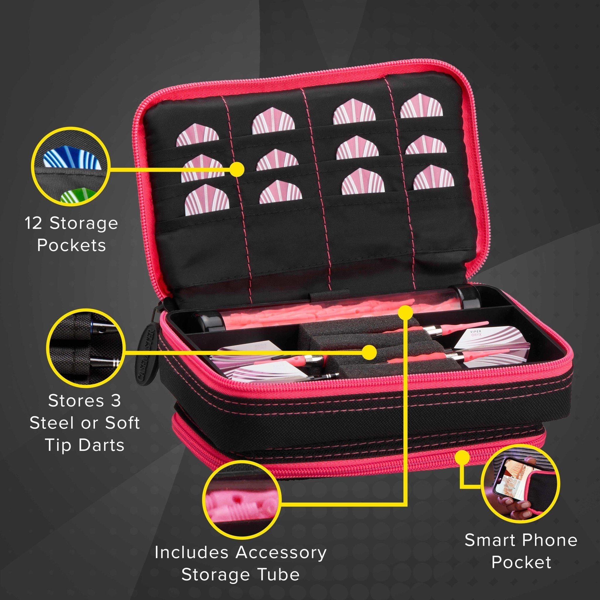 Pink and black dart case with 12 flight pockets, dart storage, accessory tube, and phone pocket