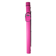 Bright pink cylindrical cue case with black shoulder strap and oval front pocket with brand badge