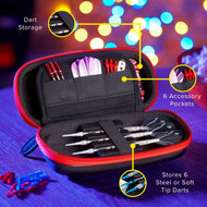 Red and black dart case with compartments holding darts and accessories