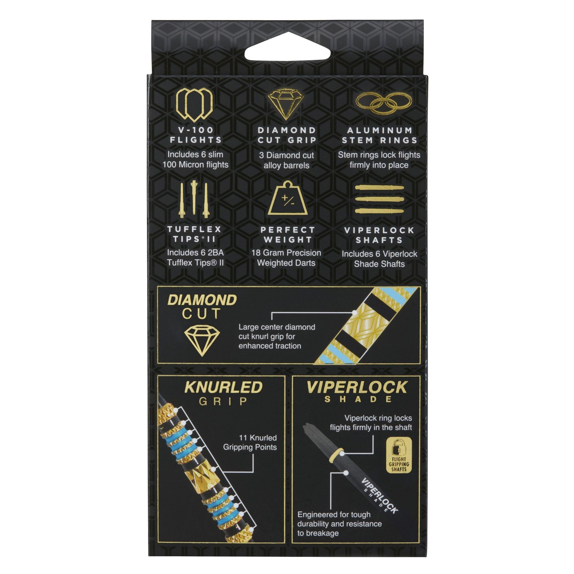 Infographic showing dart components with gold icons and labels on black background
