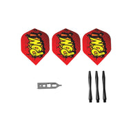 Three red dart flights with yellow "POW" graphic, connector, and three black steel shafts