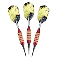 Three darts with yellow and black flight heads, silver shafts, red and gold wrapped handles, and black tips