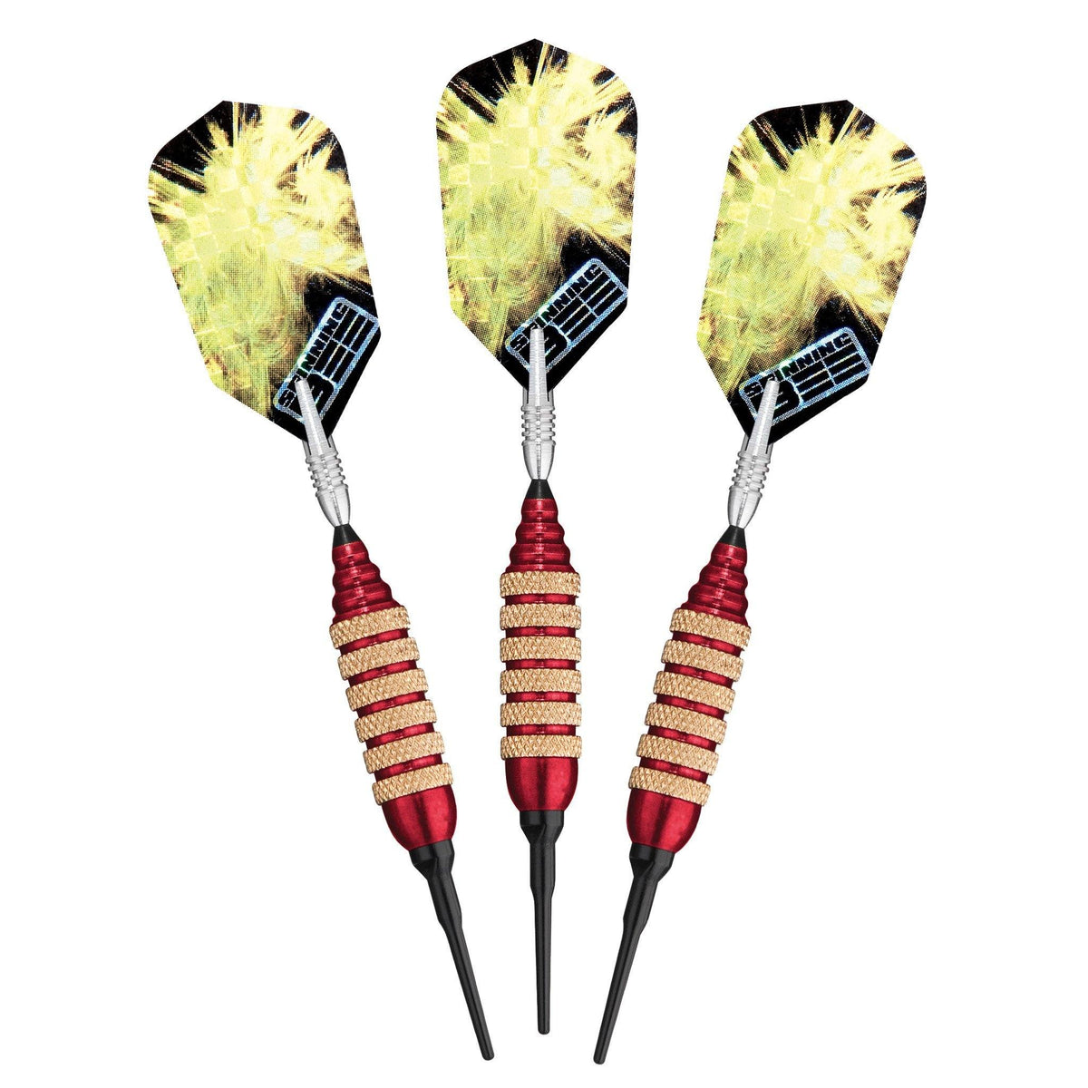 Three darts with yellow and black flight heads, silver shafts, red and gold wrapped handles, and black tips